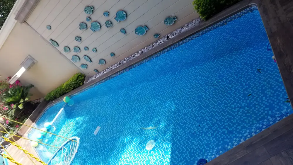 Alberca con mural de peces de cerámica